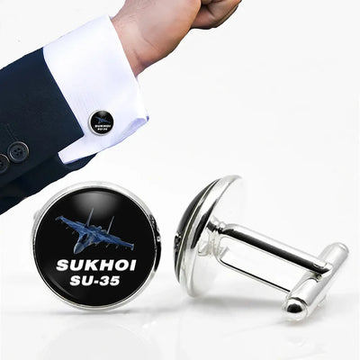 The Sukhoi SU-35 aviation-themed cuff links, polished metal.