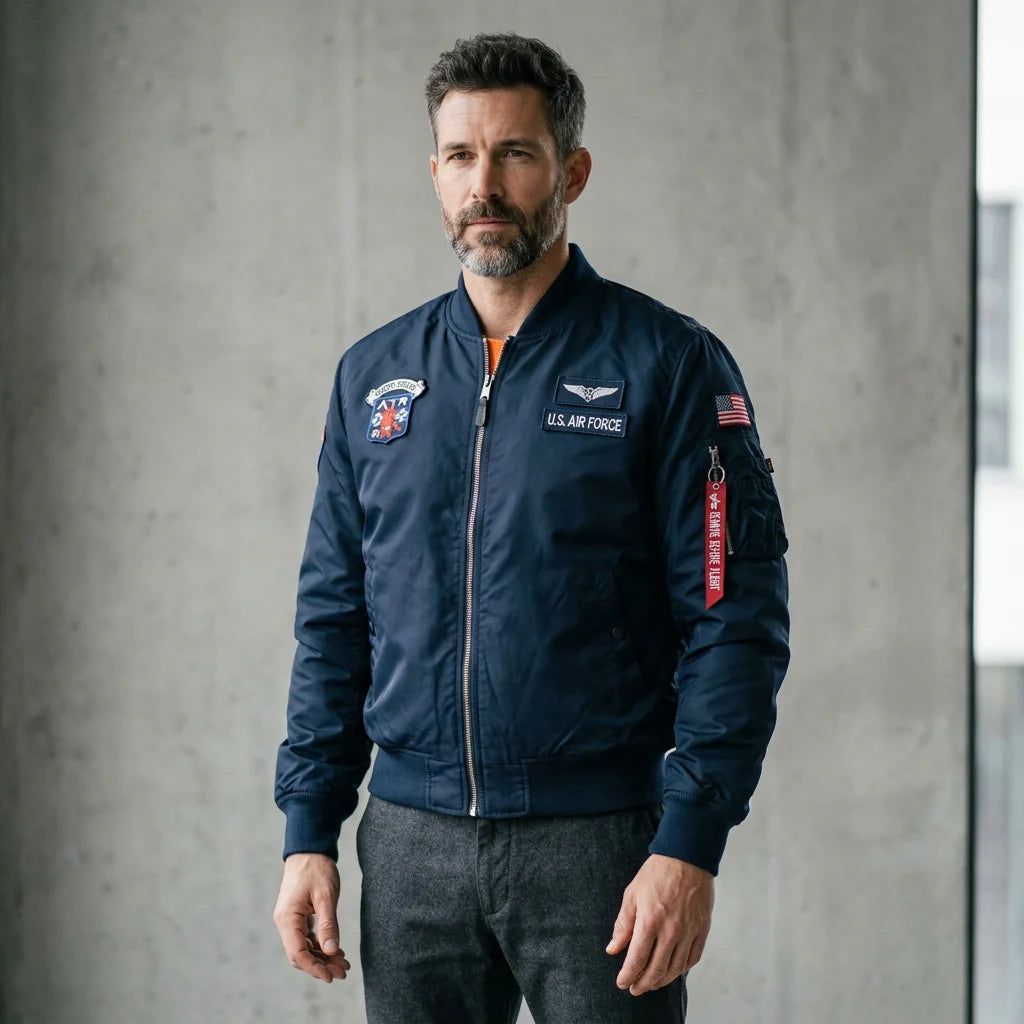 Pilot jacket on model — editorial