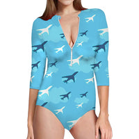 Thumbnail for Cool & Super Airplanes aviation design on stretch swim fabric deep-V swim bodysuit.