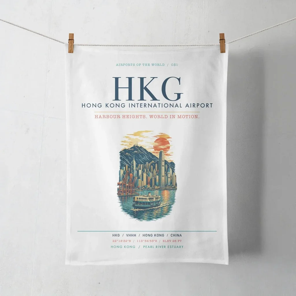 Hong Kong International Airport (HKG) design on white towel