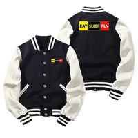 Thumbnail for Eat Sleep Fly (Colourful) Baseball Style aviation design printed on two-tone shell with ribbed cuffs baseball jacket.