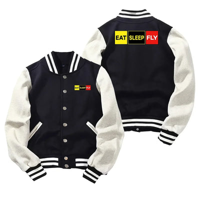 Eat Sleep Fly (Colourful) Baseball Style aviation design printed on two-tone shell with ribbed cuffs baseball jacket.