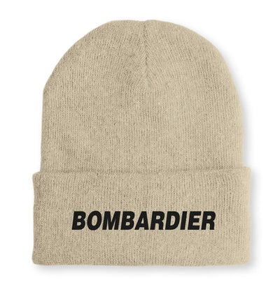 Bombardier & Text Embroidered aviation embroidery on soft knit fabric beanie.