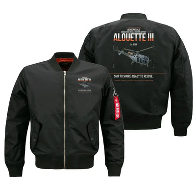 Aérospatiale SA 316B Alouette III design on black bomber jacket, double-side print