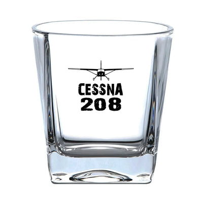 Cessna 208 & Plane aviation design on whiskey glass, crystal-clear premium glassware.