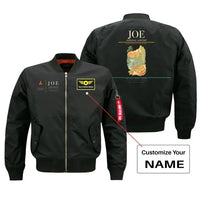 Thumbnail for Joensuu Airport (JOE) design on black bomber jacket with custom name patch