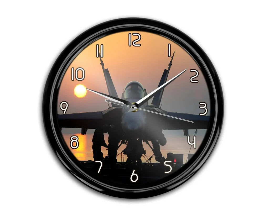Military Jet During Sunset aviation themed wall clock, premium wood and metal.