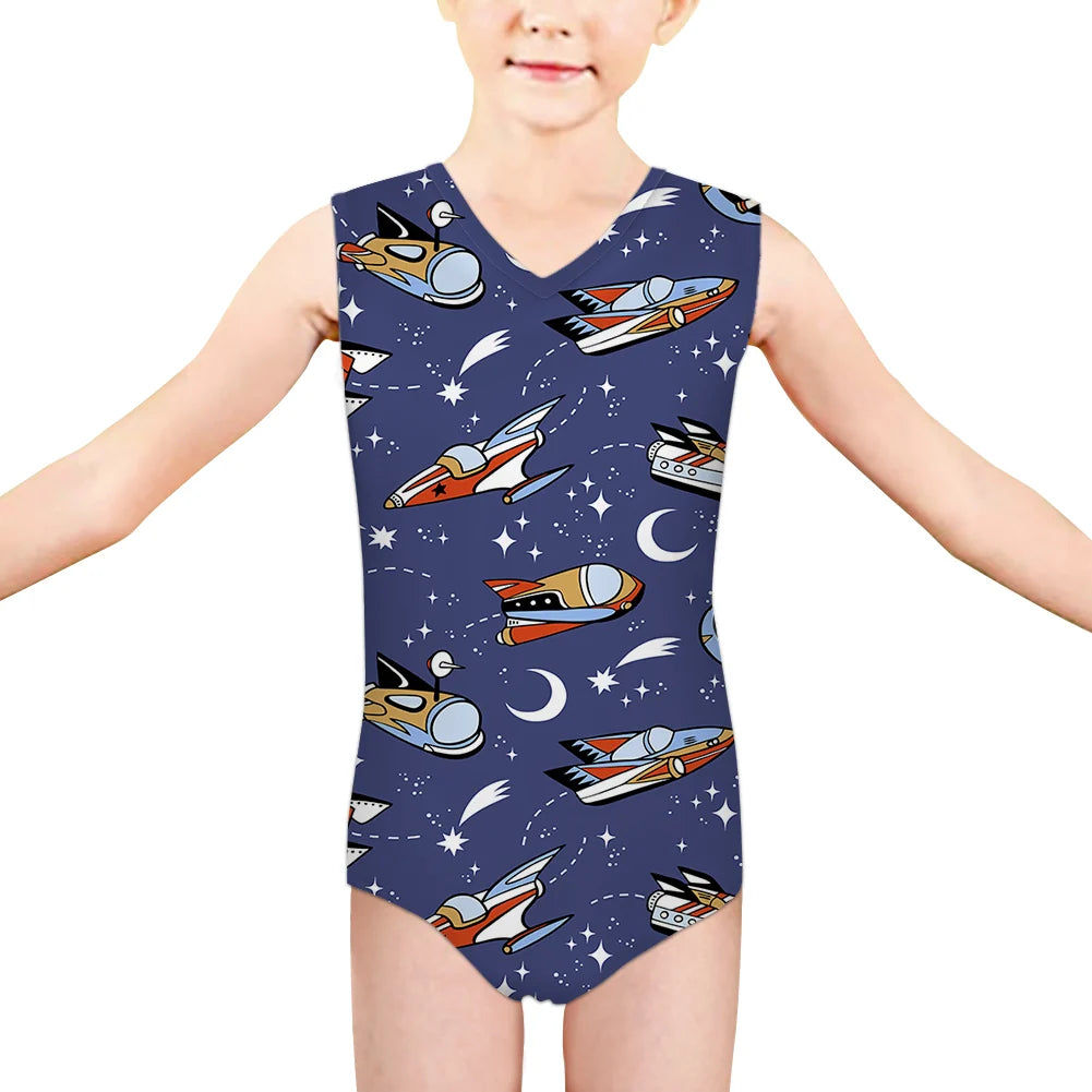 Spaceship & Stars aviation print on kids quick-dry fabric swimsuit.