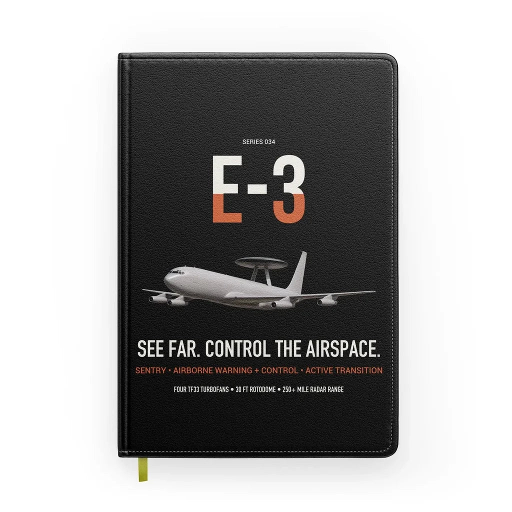 E-3 Sentry AWACS design on black notebook