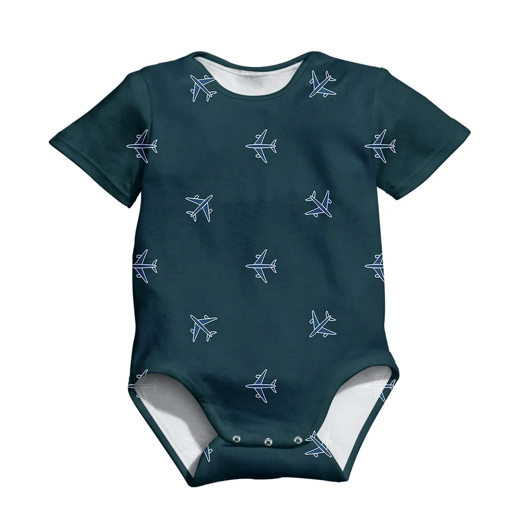 Nice Airplanes (Green) aviation design on gentle cotton 3D-printed baby bodysuit.