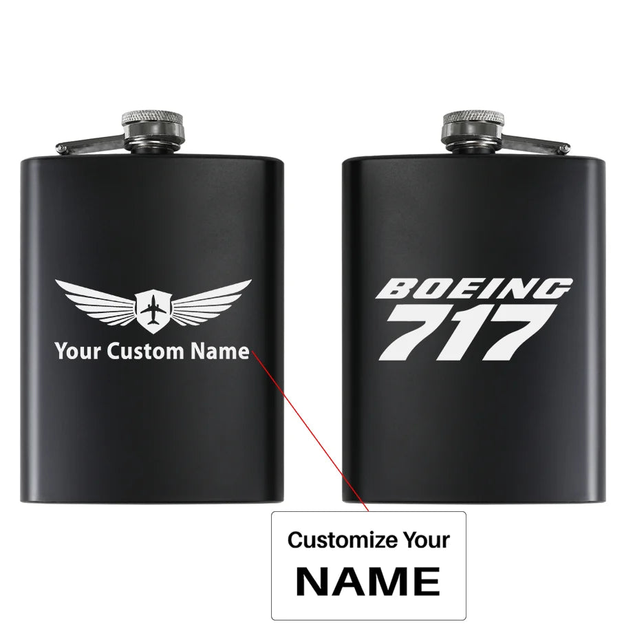 Boeing 717 & Text aviation design on stainless hip flask, compact pocket-size flask.