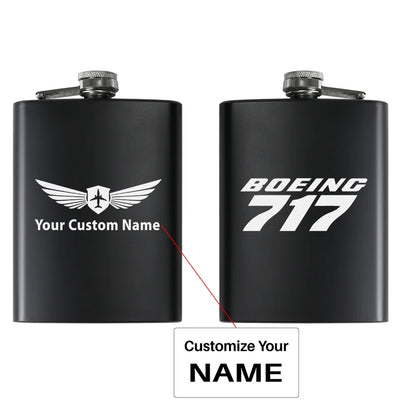 Boeing 717 & Text aviation design on stainless hip flask, compact pocket-size flask.
