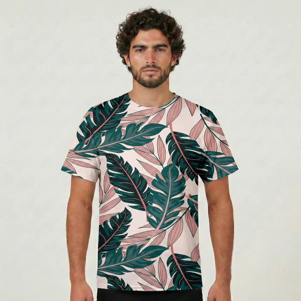 Seamless Palm Leafs aviation design printed on soft cotton 3D-print T-shirt.
