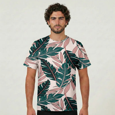 Seamless Palm Leafs aviation design printed on soft cotton 3D-print T-shirt.