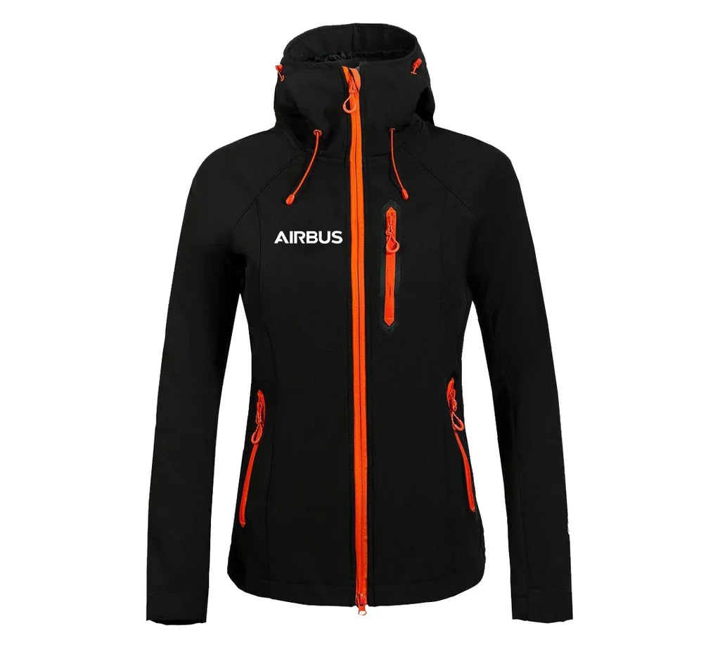 Airbus & Text "Women" aviation design printed on warm polar fleece with feminine fit women's polar jacket.