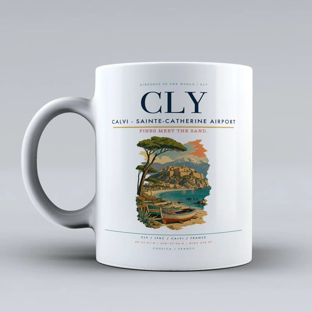 Calvi (CLY) airport code design on white ceramic mug