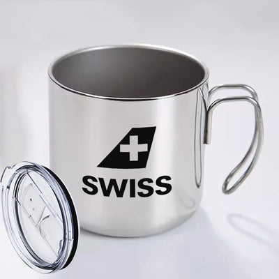 Swiss International Airlines aviation design on portable mug, vacuum-insulated double-wall.