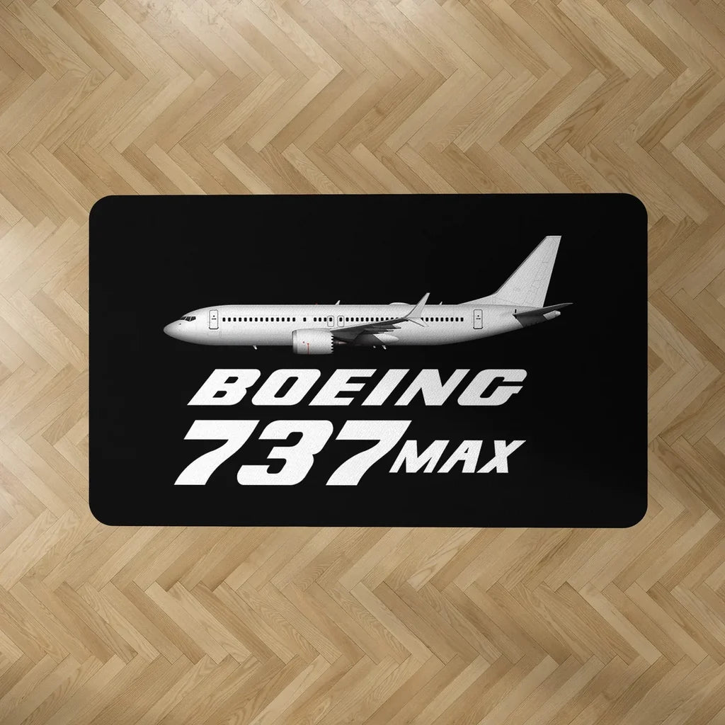 The Boeing 737Max aviation design on durable carpet pile with non-slip backing rectangle carpet floor mat.