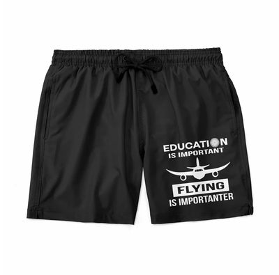 Flying is Importanter aviation design on quick-dry polyester swim trunks.