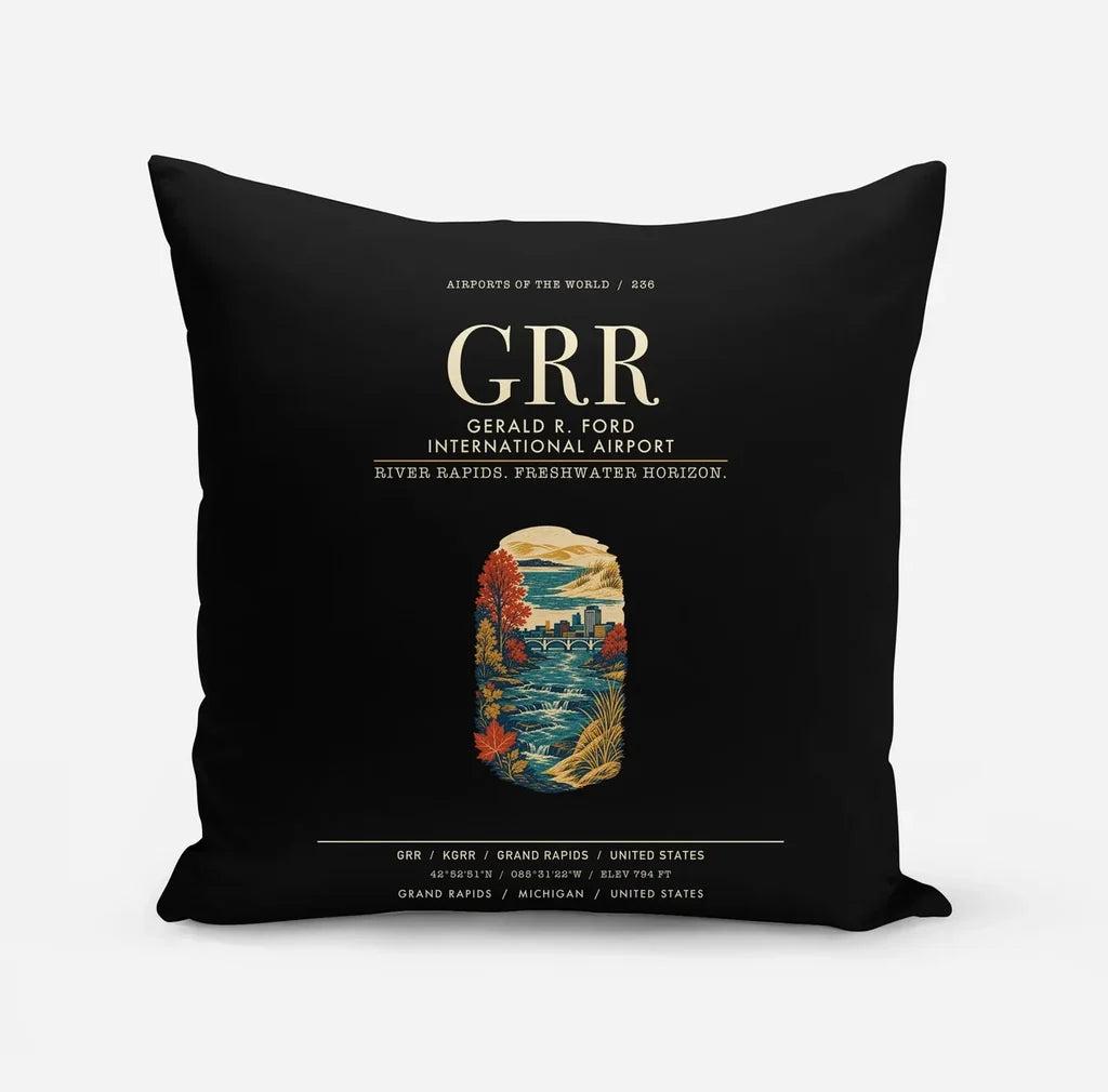 Gerald R. Ford International Airport Grand Rapids (GRR) design on black pillow