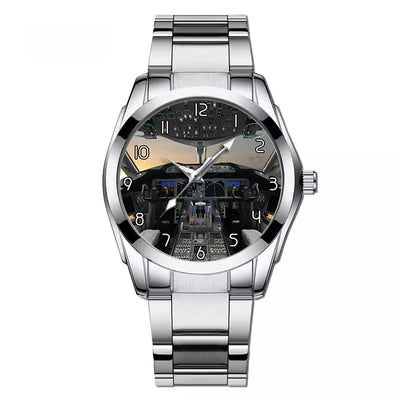 Boeing 787 Cockpit aviation watch with stainless steel band, stainless steel body with engraved detail.