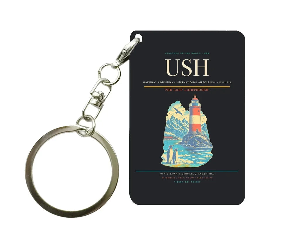 Malvinas Argentinas International Airport (USH) design on black key chain