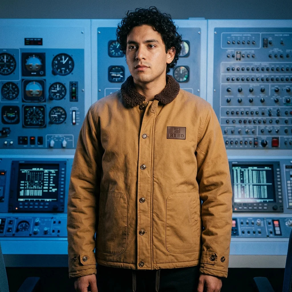 Pilot jacket on model — editorial