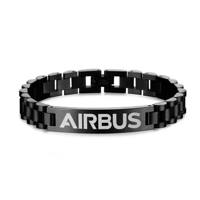 Airbus & Text aviation-themed chain bracelet, polished stainless steel.