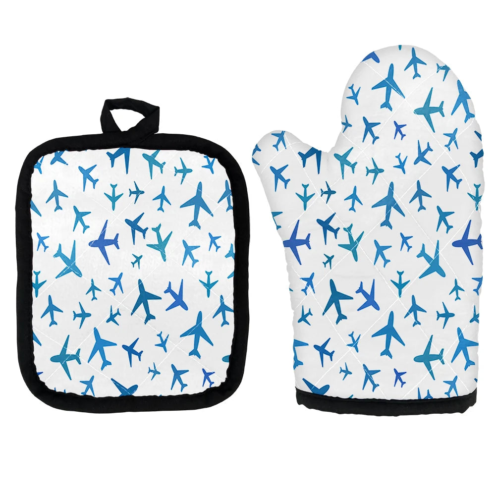 Many Airplanes White Kitchen Glove & Holder aviation design on durable fabric with insulated lining kitchen glove holder.