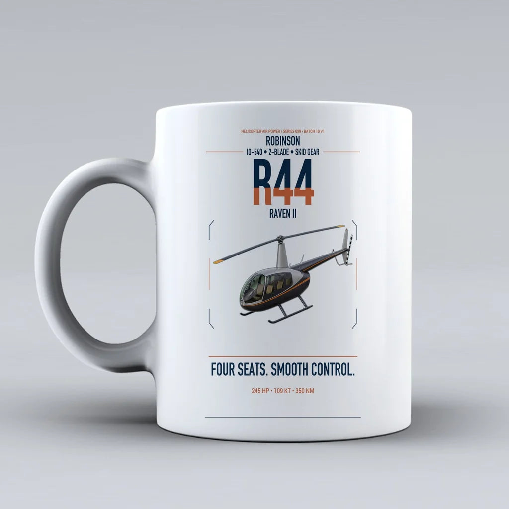 Robinson R44 Raven II design on white ceramic mug, double-side print