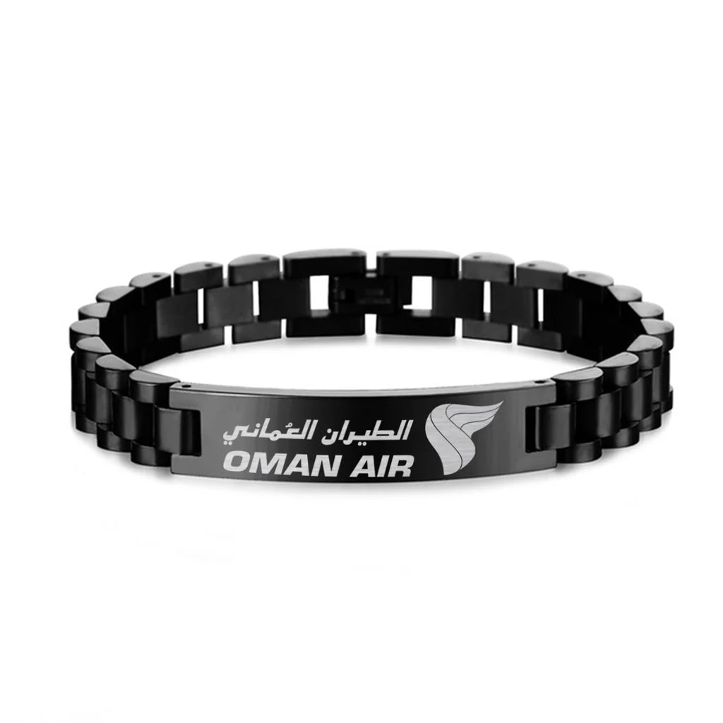 Oman Airlines aviation chain bracelet, stainless steel body with engraved detail.