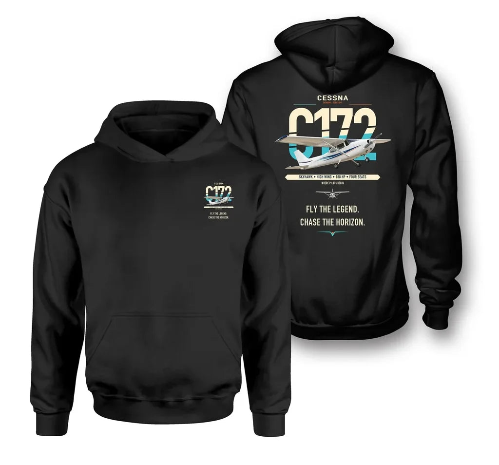 Cessna 172 Skyhawk design on black double-side hoodie, double-side print