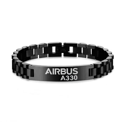 Airbus A330 & Text aviation chain bracelet, stainless steel body with engraved detail.
