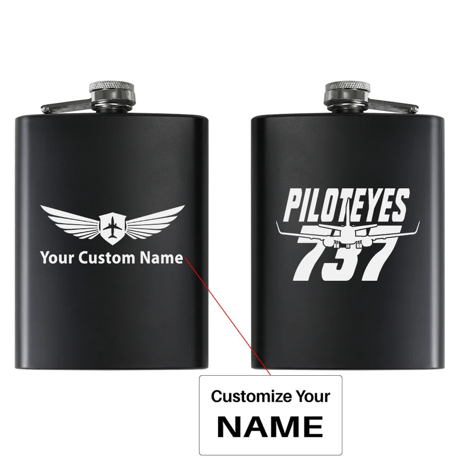 Amazing Piloteyes737 aviation design on stainless hip flask, compact pocket-size flask.