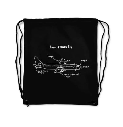 How Planes Fly aviation drawstring bag in lightweight polyester.