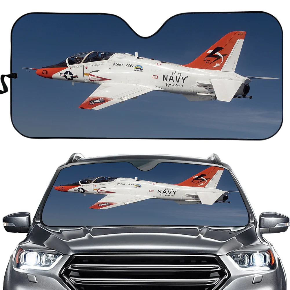 US Navy Training Jet aviation design on reflective polyester car sun shade.