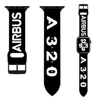 Airbus A320 Flat Text aviation-themed Apple Watch band, polished soft silicone.