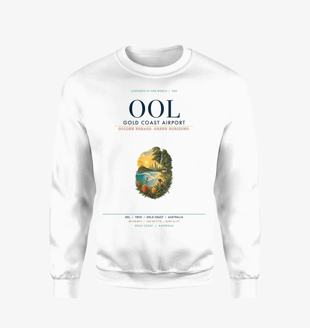Gold Coast Airport (OOL) design on white sweatshirt