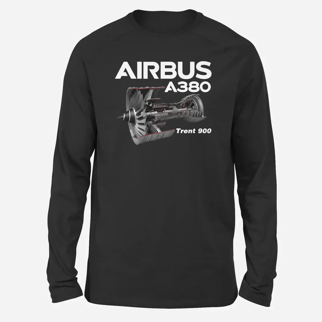 Airbus A380 & Trent 900 Engine Long-Sleeve aviation design printed on soft cotton long-sleeve T-shirt.
