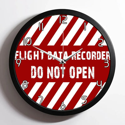 Flight Data Recorder aviation design on premium wood and metal wall clock.