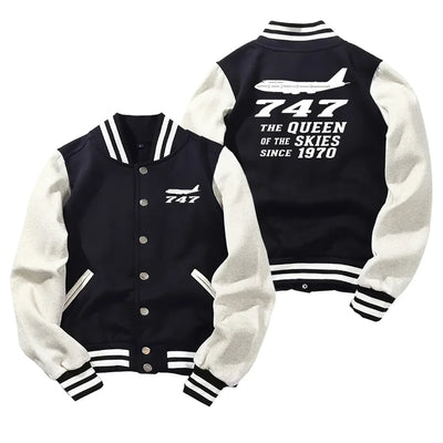 Boeing 747 - Queen of the Skies (2) Baseball Style aviation design printed on two-tone shell with ribbed cuffs baseball jacket.