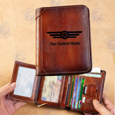 Custom Name (Badge 6) aviation leather wallet in leather.