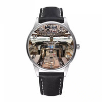 Thumbnail for Boeing 747 Cockpit aviation-themed watch with leather strap, polished leather strap.