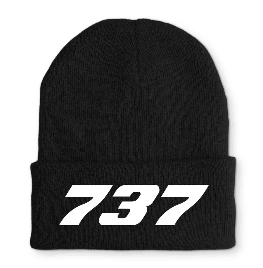Boeing 737 Flat Text Embroidered aviation embroidery on soft knit fabric beanie.