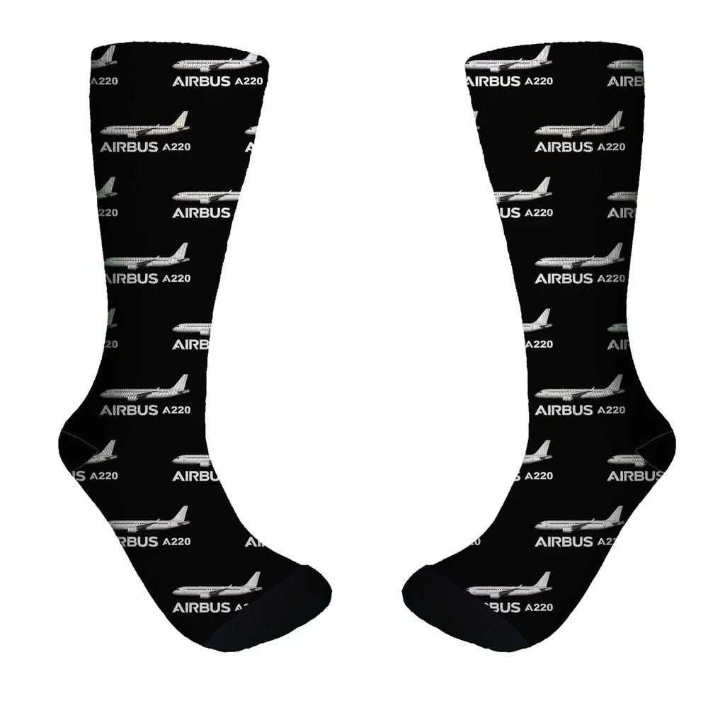 The Airbus A220 aviation design on soft cotton blend socks.