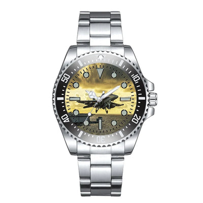 Departing Jet Aircraft Luxury Aviators aviation-themed aviator watch, polished premium stainless steel.
