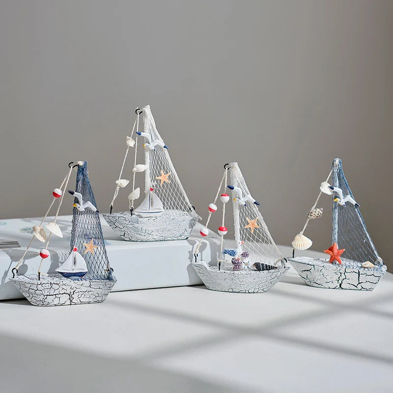 Side view of 4pc 5.51 in White Cracking pattern Marine Nautical Wooden Sailboat Model Ornament aviation model ship in diecast.