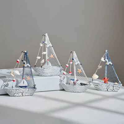 Side view of 4pc 5.51 in White Cracking pattern Marine Nautical Wooden Sailboat Model Ornament aviation model ship in diecast.