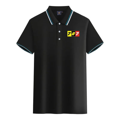 Flat Colourful 787 aviation design printed on soft cotton stylish polo shirt.