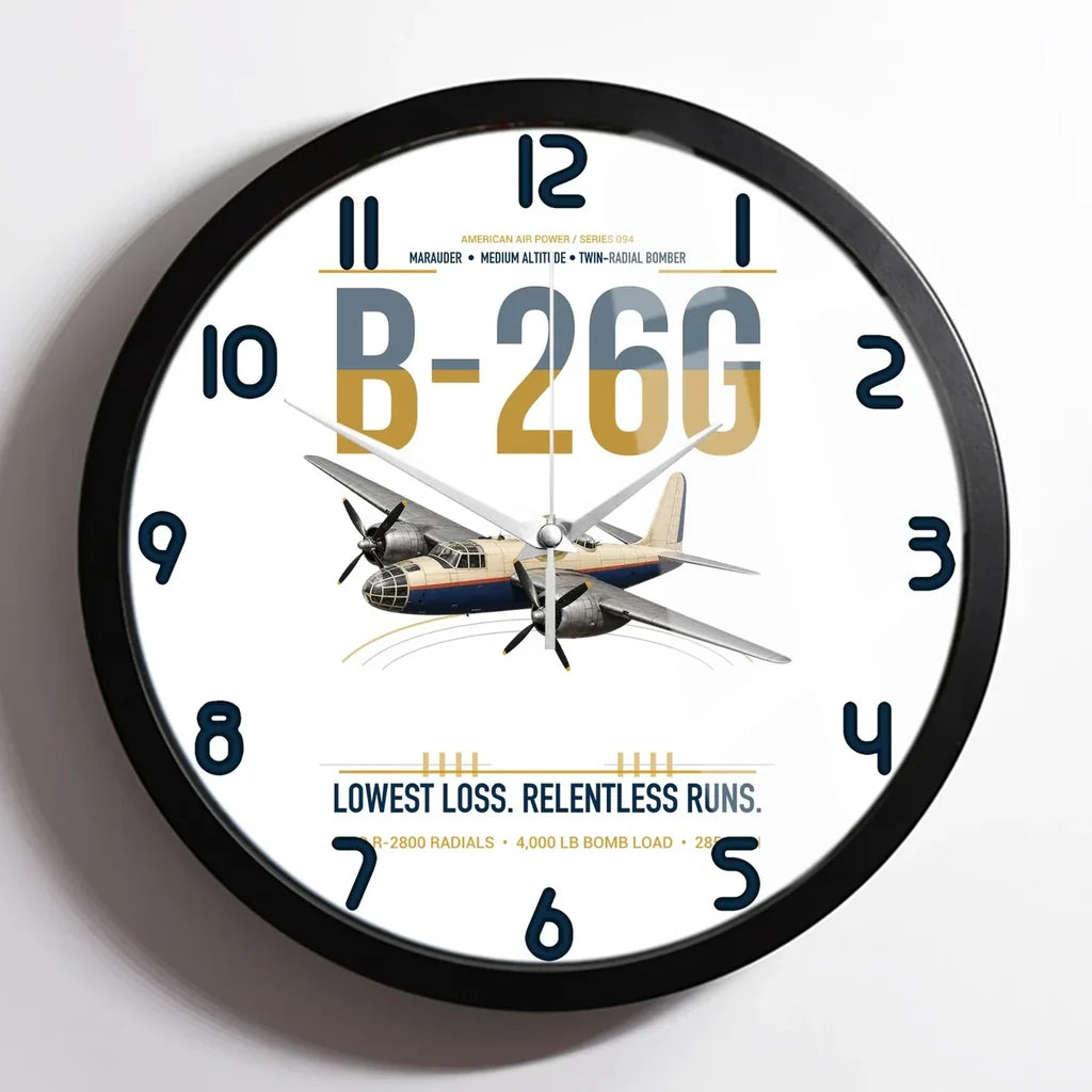 B-26G Marauder design on white framed wall clock